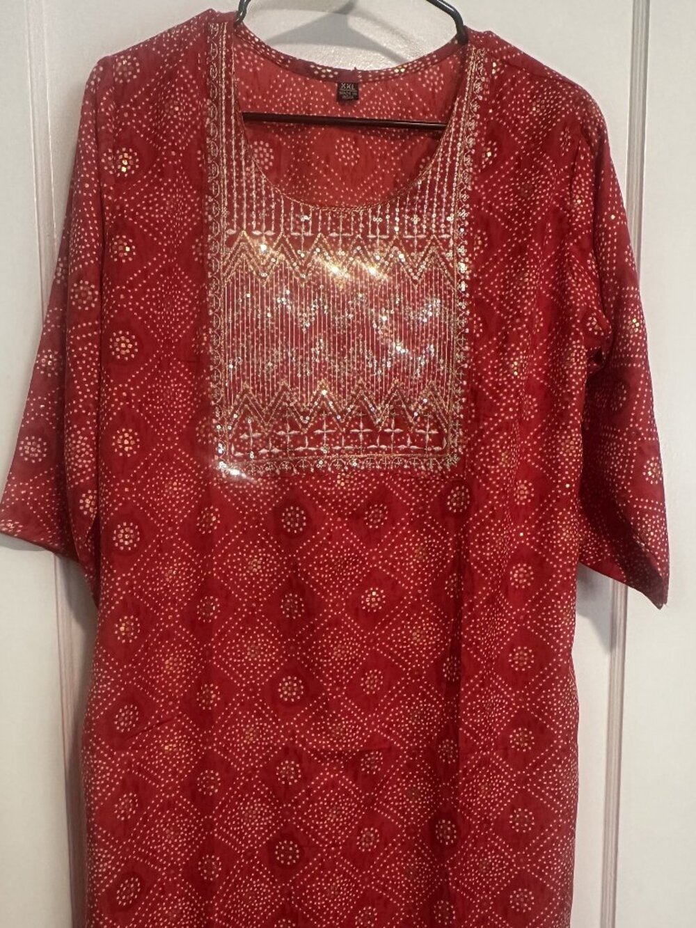 ✨ Festive Red Bandhani Print Kurta with Shimmering Sequin Yoke - Size 2XL ✨